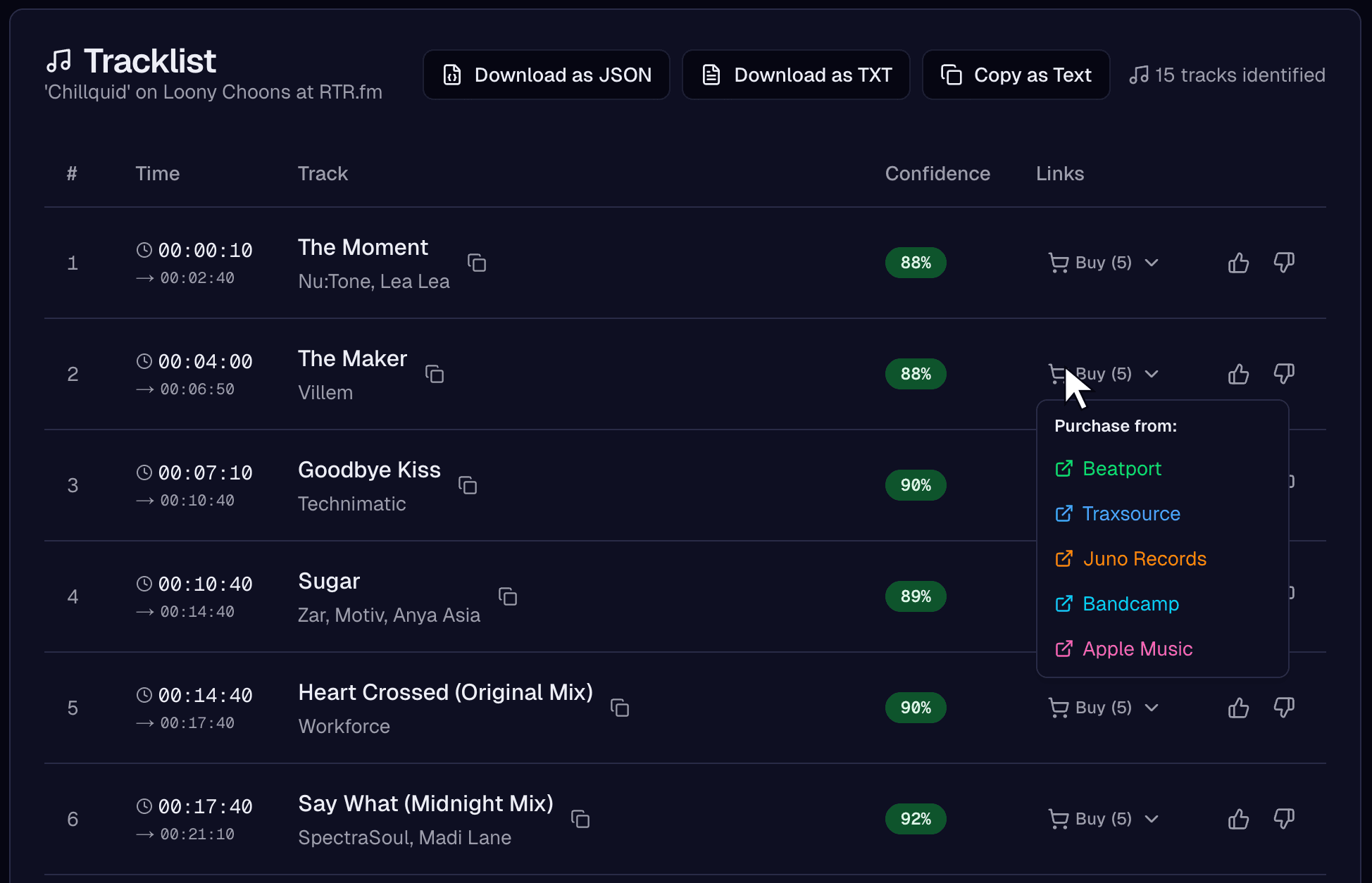 Scanamix tracklist results showing identified tracks with timestamps, artists, and confidence scores